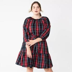 DRAPER JAMES Women's Plus Long Sleeve Tiered Bow Back Red Plaid Dress Size 2X